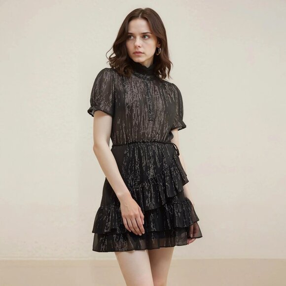 NWT Nurode Lurex Yoryu Ruffle Metallic Black Mini Dress - Picture 1 of 7